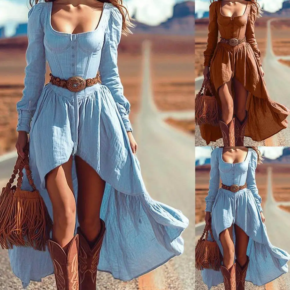 Casual Long Sleeve Women's Vintage Western Style Dress No Belt High Waist Irregular Skirt Bubble Sleeve U-Neckline for Date A...
Casual Long Sleeve Women's Vintage Western Style Dress No Belt High Waist Irregular Skirt Bubble Sleeve U-Neckline for Date A...