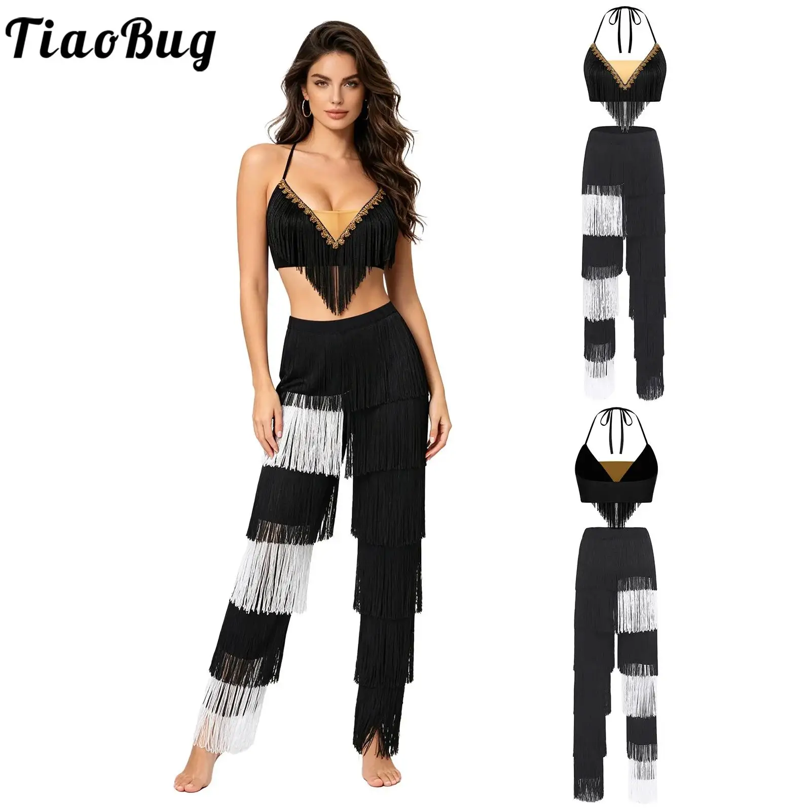 Women Tassel Belly Latin Tango Jazz Rumba Dance Outfit for Performance Costume Lace-up Halter Tassel Crop Top with Fringed Pants
Women Tassel Belly Latin Tango Jazz Rumba Dance Outfit for Performance Costume Lace-up Halter Tassel Crop Top with Fringed Pants
