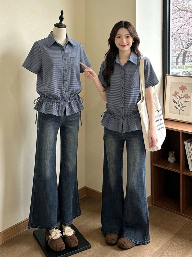 Blue Plaid Short Sleeve Shirt Women's plus Size Drawstring Waist Slimming Top Korean Style Commute Fashion Loose Fit Shirt
Blue Plaid Short Sleeve Shirt Women's plus Size Drawstring Waist Slimming Top Korean Style Commute Fashion Loose Fit Shirt