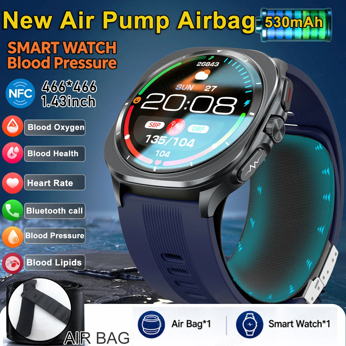 2026 New Airbag air Pump Smart Watch men True Blood Pressure health watch NFC Uric Acid Blood Lipids Bluetooth call waterproof
2026 New Airbag air Pump Smart Watch men True Blood Pressure health watch NFC Uric Acid Blood Lipids Bluetooth call waterproof