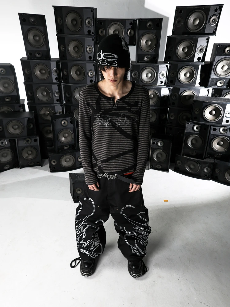 Slim Fit Long Sleeve T-Shirt PCCVISION AN0N FETISH Black Grey Stripe Flash Powder Print Henry Collar Gothic Style Polyester
Slim Fit Long Sleeve T-Shirt PCCVISION AN0N FETISH Black Grey Stripe Flash Powder Print Henry Collar Gothic Style Polyester