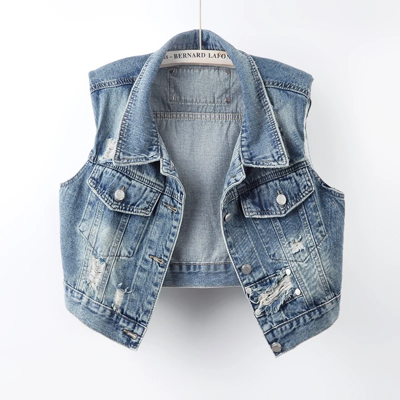 Summer New Vintage Washed Light Blue Frayed Hole Jeans Vest Women Slim Short Lapel Sleeveless Denim Waistcoat Female Streetwear
Summer New Vintage Washed Light Blue Frayed Hole Jeans Vest Women Slim Short Lapel Sleeveless Denim Waistcoat Female Streetwear