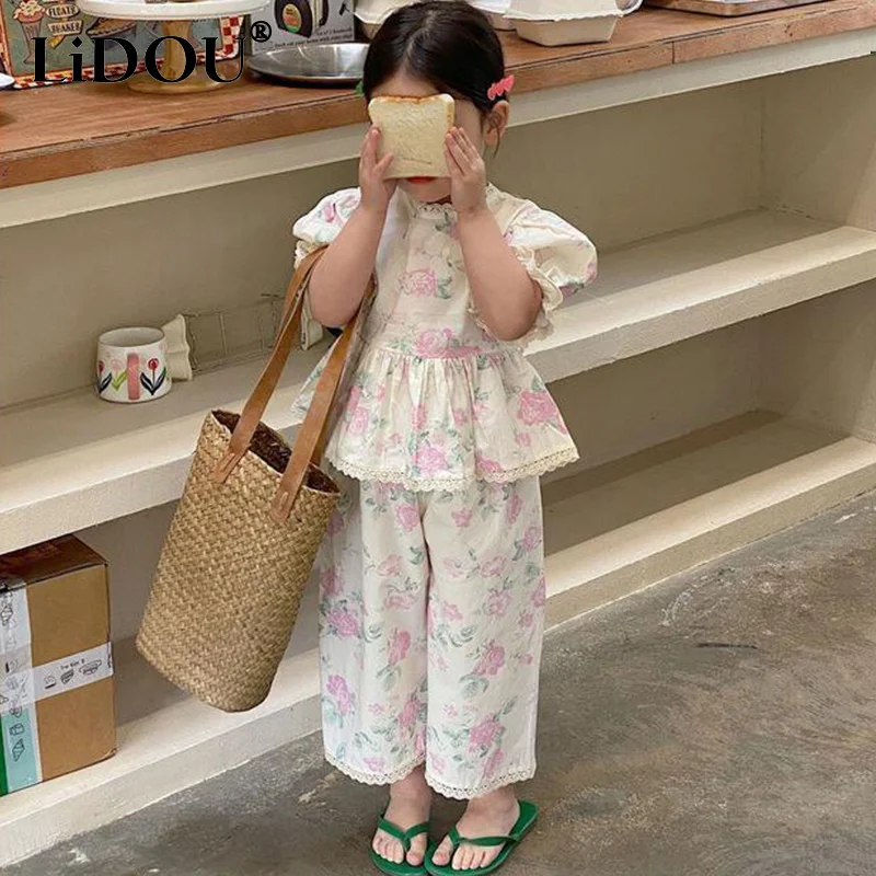 Summer Korean Kawaii Floral Girls Suit Short Sleeved Bubble Sleeve Shirt + Wide Legged Pants Cute Sweet Fashion Children's Set
Summer Korean Kawaii Floral Girls Suit Short Sleeved Bubble Sleeve Shirt + Wide Legged Pants Cute Sweet Fashion Children's Set