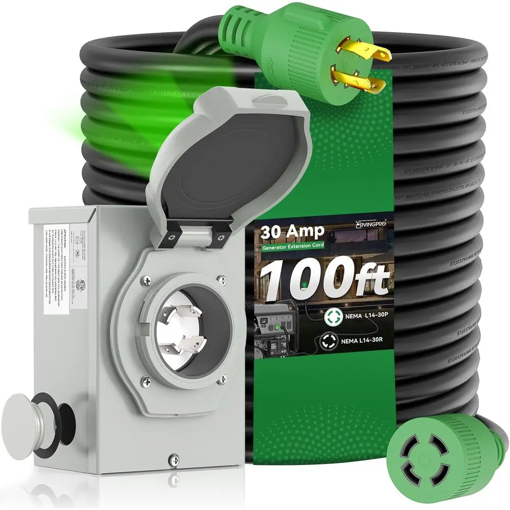 30 Amp Generator Cord 100T and Power Inlet Box, Pre-Drilled 30 Amp Generator Inlet Box with Cord, NEMA L14-30P to L14-30R Genera
30 Amp Generator Cord 100T and Power Inlet Box, Pre-Drilled 30 Amp Generator Inlet Box with Cord, NEMA L14-30P to L14-30R Genera