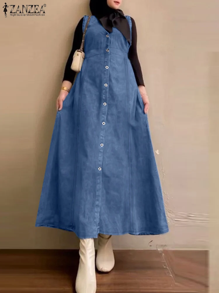 ZANZEA Muslim Islamic Button Up Suspender Vestidos Loose Casual Women V Neck Denim Blue Overall Dress Elegant Sleeveless Abaya
ZANZEA Muslim Islamic Button Up Suspender Vestidos Loose Casual Women V Neck Denim Blue Overall Dress Elegant Sleeveless Abaya