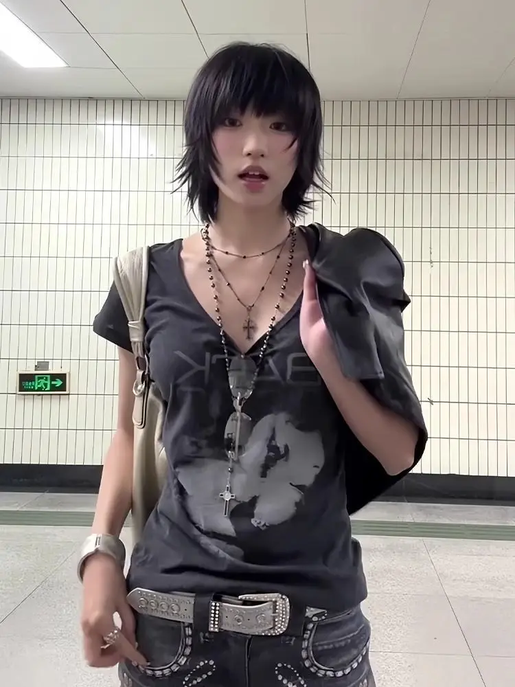 Women's Gothic Punk T-Shirt Harajuku Subculture Top with Short Sleeves Y2K Clothing Emo Streetwear Tee 2000s Vintage Fashion
Women's Gothic Punk T-Shirt Harajuku Subculture Top with Short Sleeves Y2K Clothing Emo Streetwear Tee 2000s Vintage Fashion