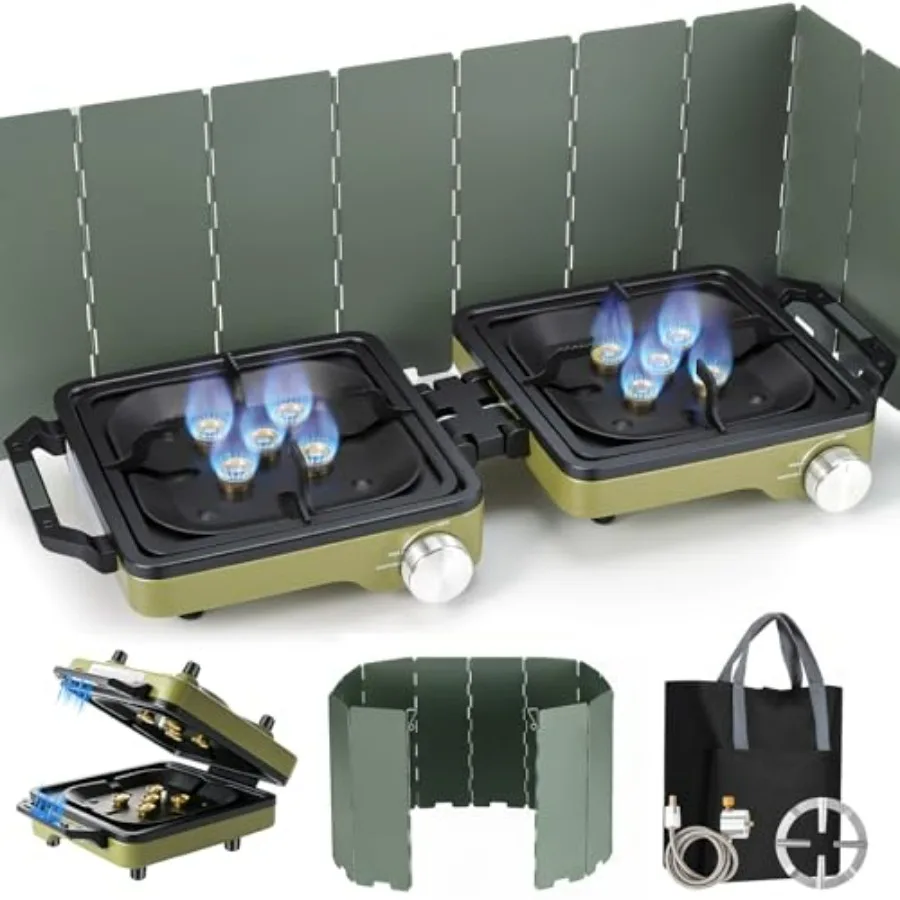 Camping stove: green portable propane 2-burner with windshield, 30000 BTU, foldable, independently adjustable heat, coffee stan
Camping stove: green portable propane 2-burner with windshield, 30000 BTU, foldable, independently adjustable heat, coffee stan