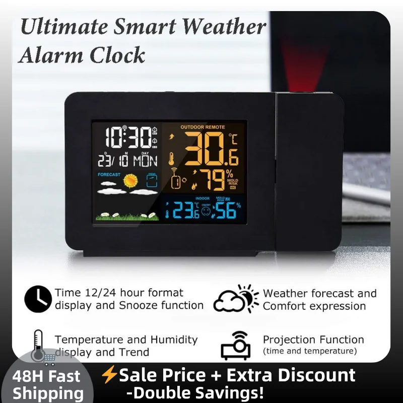 Smart Projection Alarm Clock with Wireless Outdoor Sensor In/Outdoor Temp Humidity Monitor Dual Alarms 12/24H Weather Forecast
Smart Projection Alarm Clock with Wireless Outdoor Sensor In/Outdoor Temp Humidity Monitor Dual Alarms 12/24H Weather Forecast