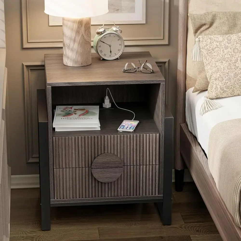 Modern 2-Drawer Nightstand with Textured Fronts and USB Charging Ports, Grey Wash Finish
Modern 2-Drawer Nightstand with Textured Fronts and USB Charging Ports, Grey Wash Finish