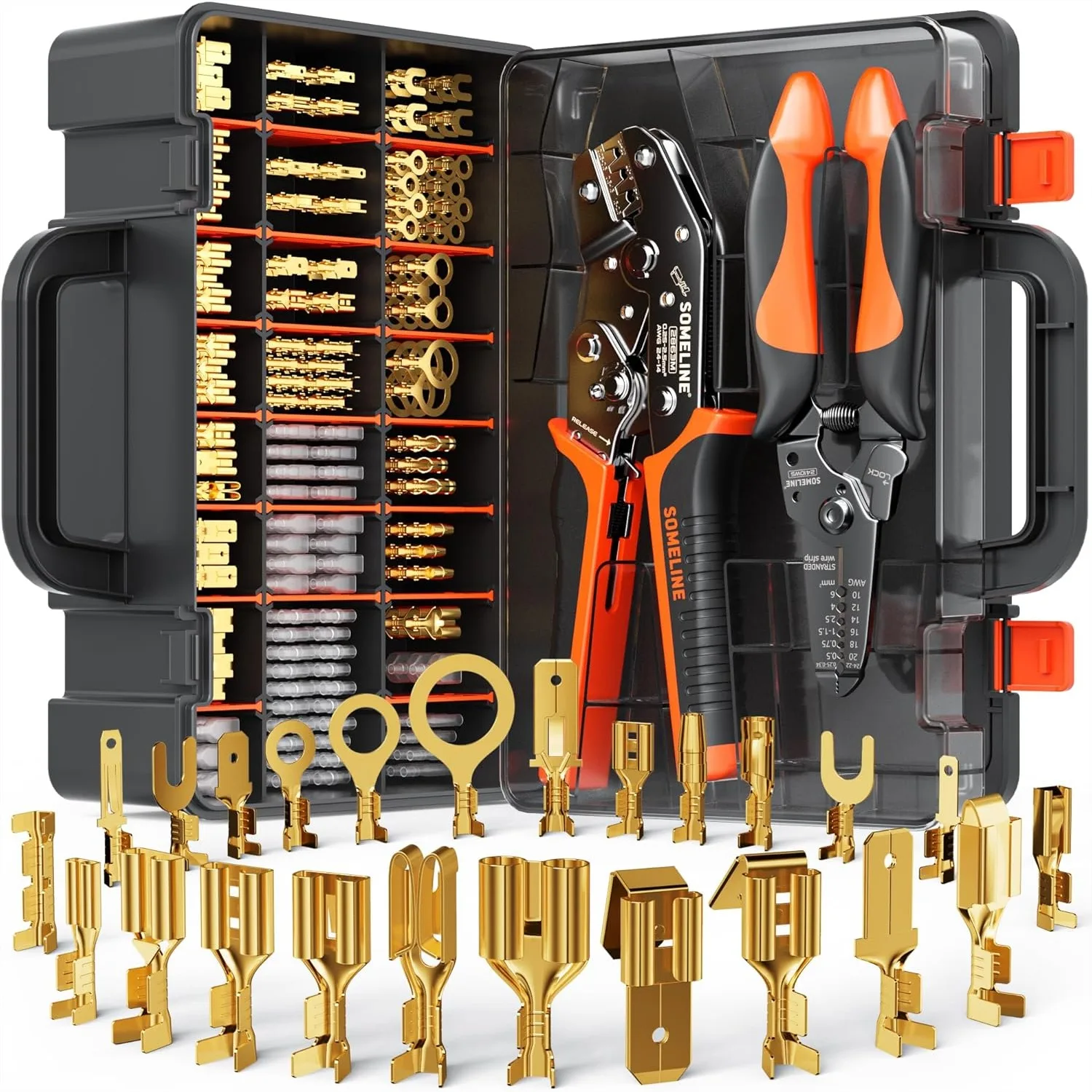 Wire Terminal Crimping Tool Kit, 2.8/3.9/4.8/6.3mm Male Female Disconnect Terminals, AWG 24-14 Crimping Pliers for Molex & AMP
Wire Terminal Crimping Tool Kit, 2.8/3.9/4.8/6.3mm Male Female Disconnect Terminals, AWG 24-14 Crimping Pliers for Molex & AMP