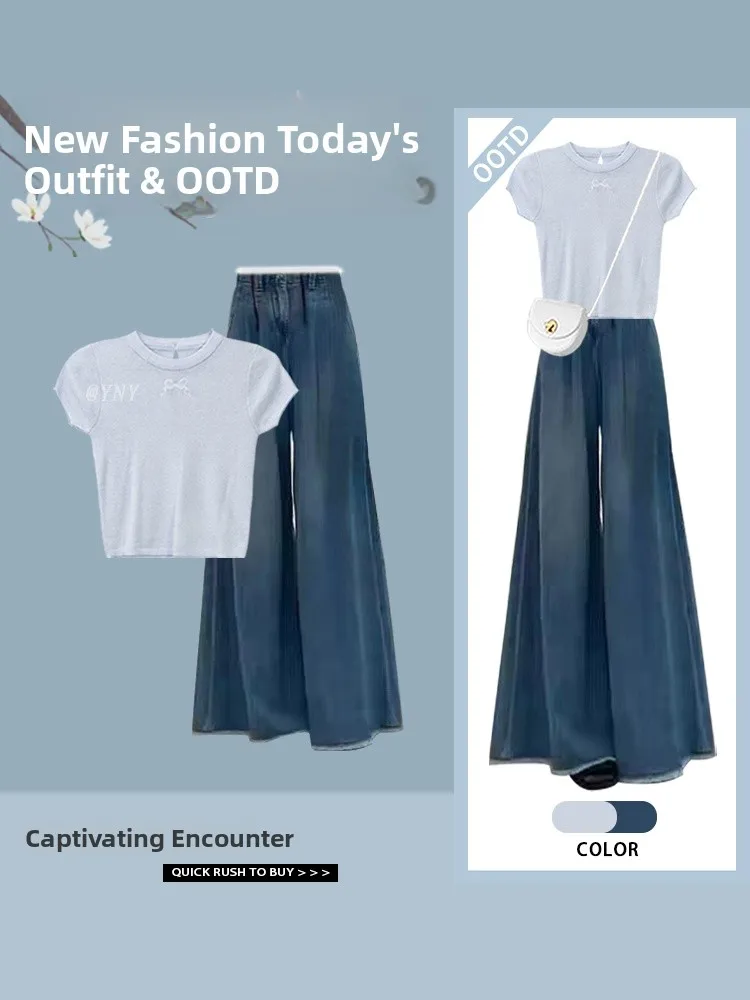 Slimming Wide Leg Jeans ort Sve round Ne T irt Two Piece Set Anti Aging Women's Faion Casual Summer Outfit
Slimming Wide Leg Jeans ort Sve round Ne T irt Two Piece Set Anti Aging Women's Faion Casual Summer Outfit