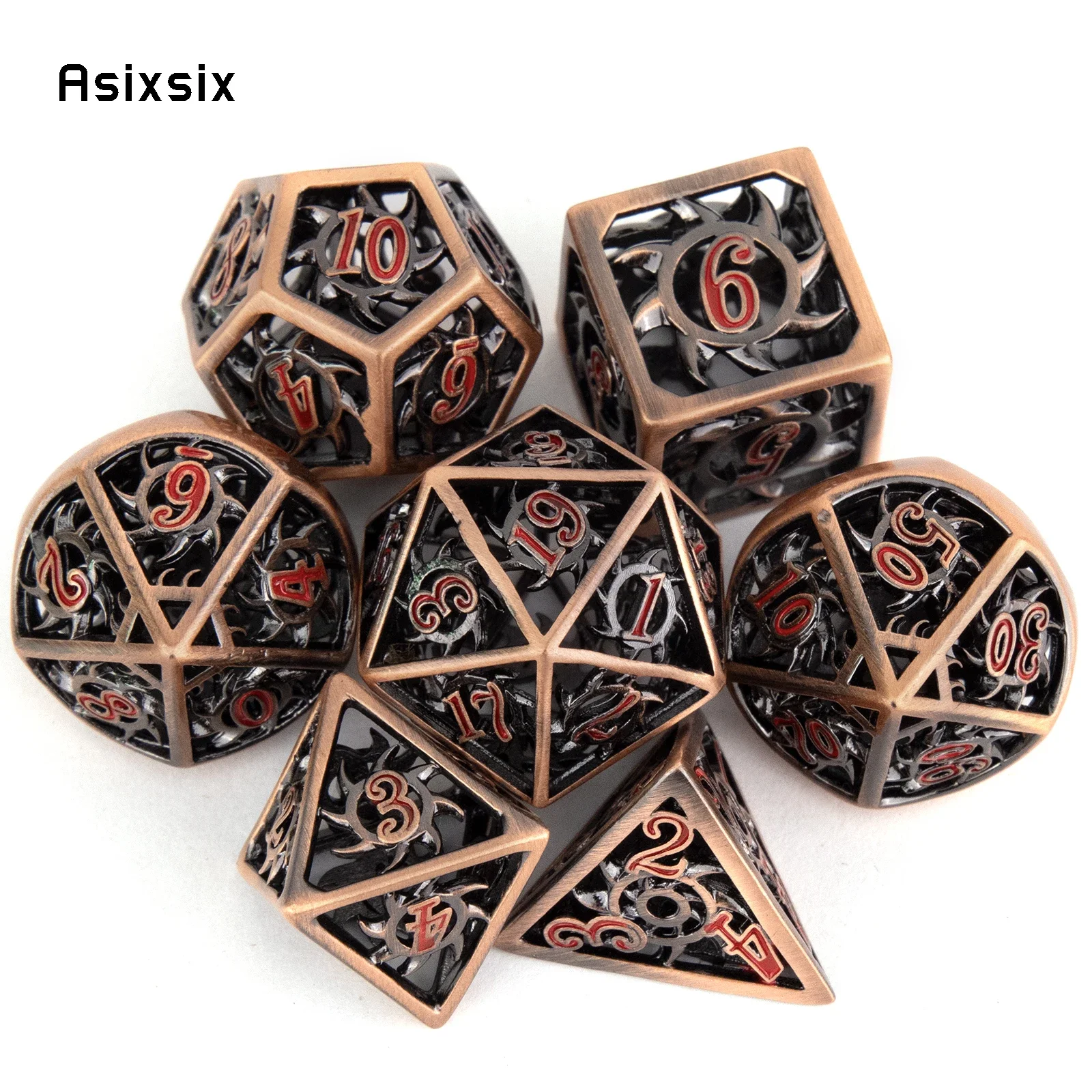 7 Pcs Copper Red Rotary Cyclone Metal Dice Hollow Metal Polyhedral Dice Set Suitable for Role-Playing RPG Board Game Card Game
7 Pcs Copper Red Rotary Cyclone Metal Dice Hollow Metal Polyhedral Dice Set Suitable for Role-Playing RPG Board Game Card Game