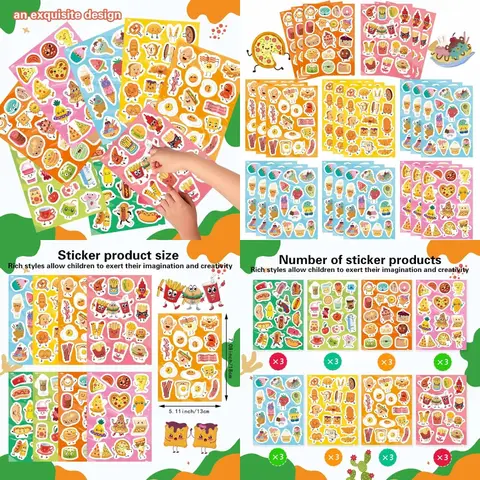 363 szt. uroczych naklejek z motywem jedzenia, zawierających pizzę, bekon, jajka, hot dogi, bułeczki, frytki, burgery, lody, ciasta i naklejki z nagrodami, idealne.