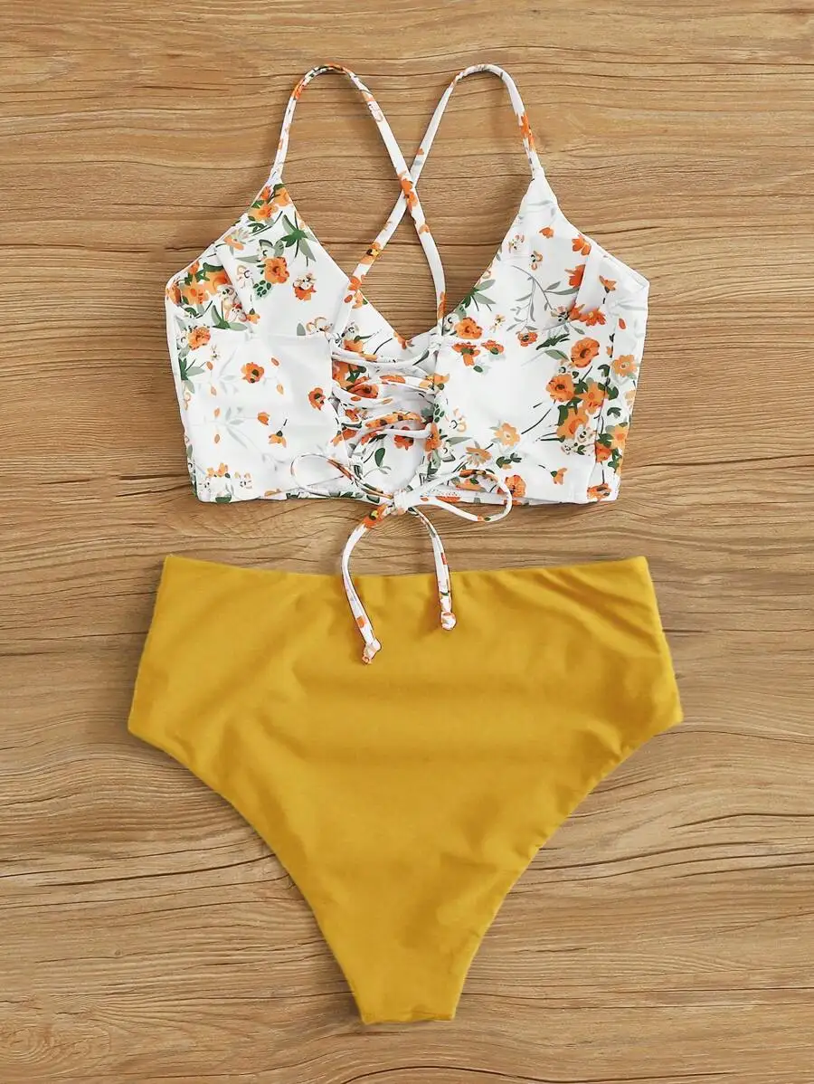 High-Waisted Mustard Bottom With White Floral Top, Crisscross Back Tie-Up Bikini Set
High-Waisted Mustard Bottom With White Floral Top, Crisscross Back Tie-Up Bikini Set