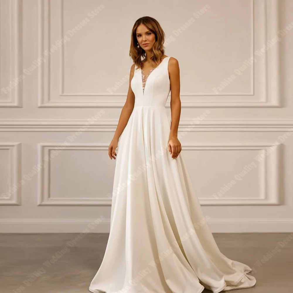 Sexy V-Neck A-Line Women Wedding Dresses Pretty Sleeveless Princess Bridal Gowns Mopping Length Vestido De Noche Customized 2025
Sexy V-Neck A-Line Women Wedding Dresses Pretty Sleeveless Princess Bridal Gowns Mopping Length Vestido De Noche Customized 2025