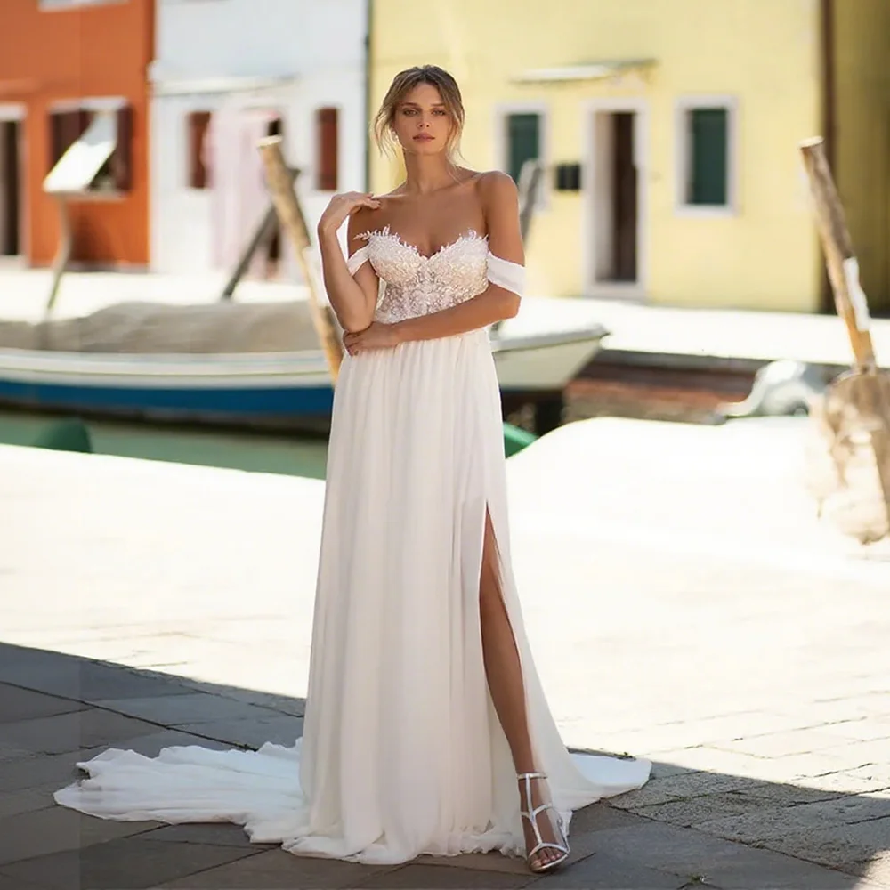Customized Off Shoulder Sleeves Sweetheart Neckline Satin A-Line Wedding Dress Sexy Open Back Zipper Side Slit Court Train Gown
Customized Off Shoulder Sleeves Sweetheart Neckline Satin A-Line Wedding Dress Sexy Open Back Zipper Side Slit Court Train Gown