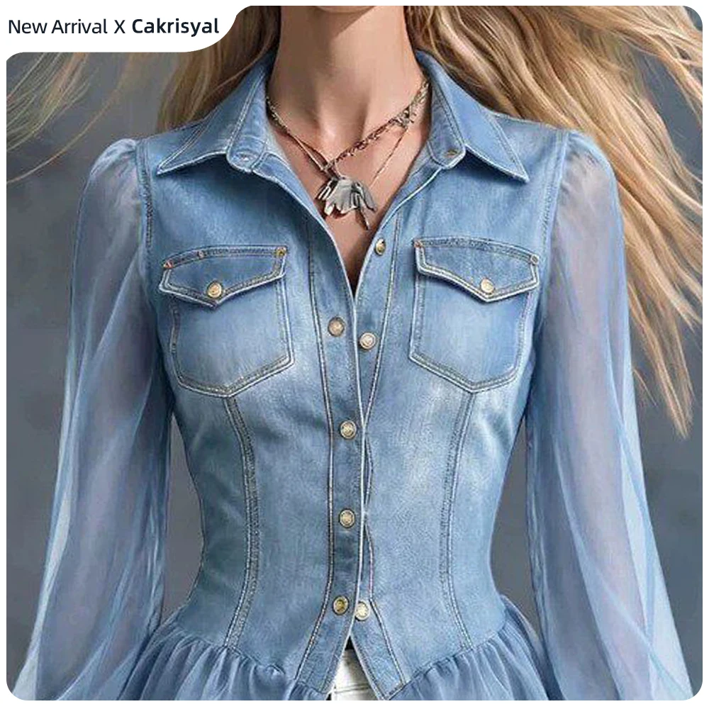 Women Elegant Mesh Patchwork Denim Blouse Shirt Lapel Single-breasted Vintage Shirt Sheer Lantern Sleeves Chic Summer Top Shirts
Women Elegant Mesh Patchwork Denim Blouse Shirt Lapel Single-breasted Vintage Shirt Sheer Lantern Sleeves Chic Summer Top Shirts