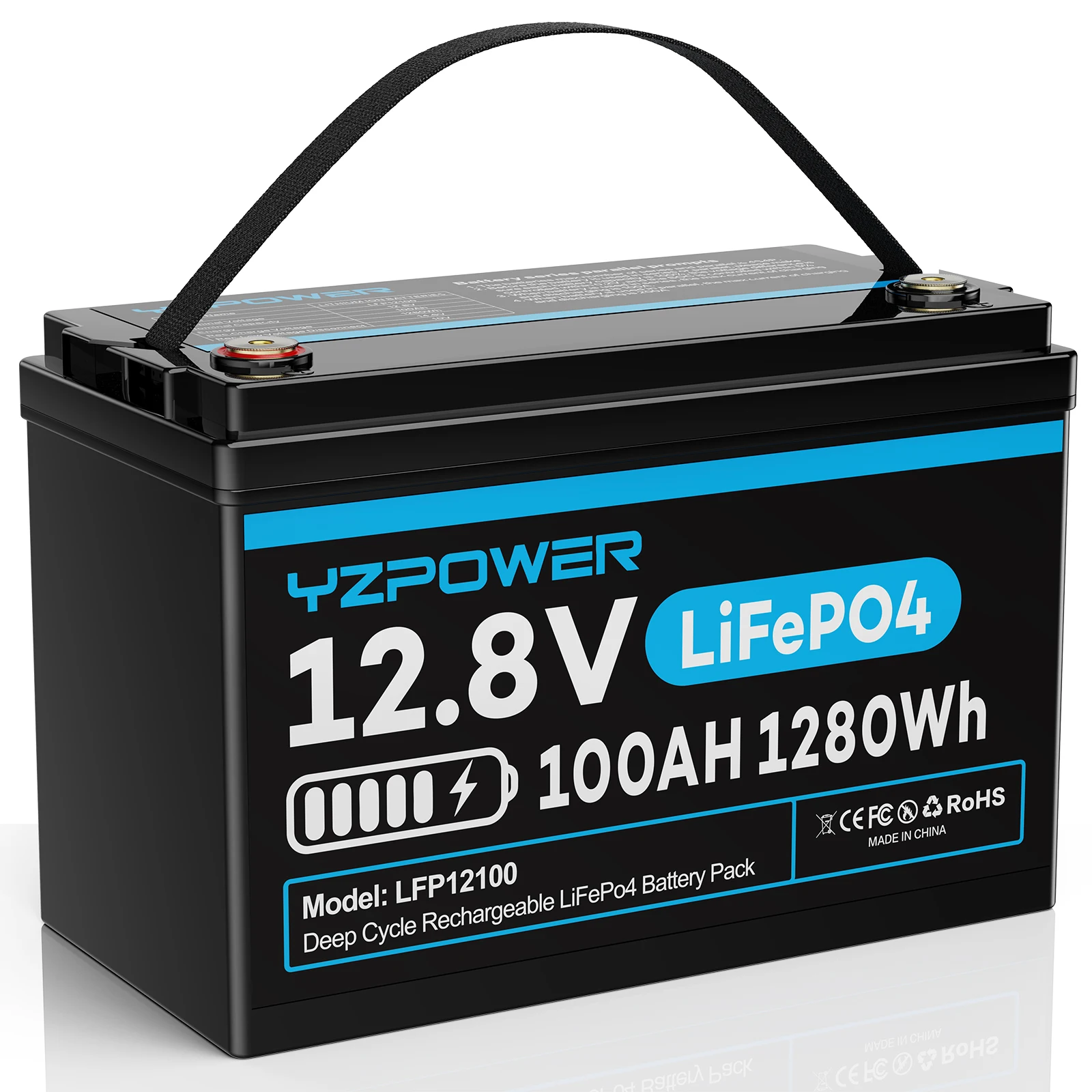 12V 100Ah LiFePO4 Lithium Battery with 100A BMS, Max. 1280W Power,Camping, Boats, Backup Power
12V 100Ah LiFePO4 Lithium Battery with 100A BMS, Max. 1280W Power,Camping, Boats, Backup Power