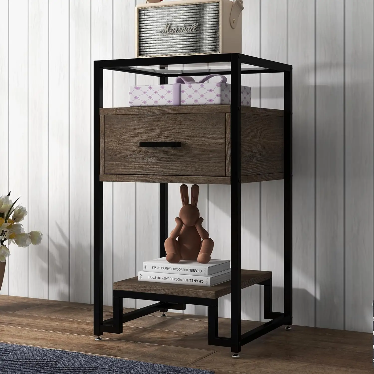 Nightstand Modern End Table with Storage Drawer and 3-Tier Storage & Tempered Glass Top Bedside Furniture with Steel Frame
Nightstand Modern End Table with Storage Drawer and 3-Tier Storage & Tempered Glass Top Bedside Furniture with Steel Frame