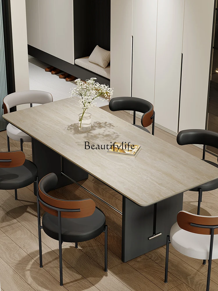 Retro travertine rock slab dining table Small apartment rectangular household solid wood tea table
Retro travertine rock slab dining table Small apartment rectangular household solid wood tea table
