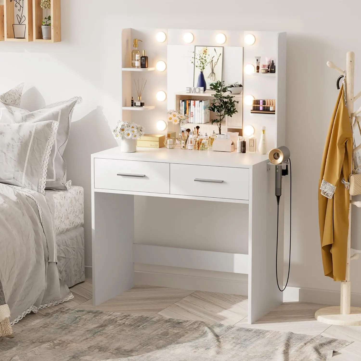 Makeup Vanity Desk Mirror Lights Power Outlet 2 Drawers 6 Shelves Hairdryer Holder Bedroom White Customized
Makeup Vanity Desk Mirror Lights Power Outlet 2 Drawers 6 Shelves Hairdryer Holder Bedroom White Customized