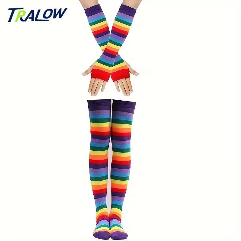 TRALOW Womens Socks Striped Knee High Socks Arm Warmer Fingerless Gloves Set Costume Accessories for Cosplay Christmas Punk 
TRALOW Womens Socks Striped Knee High Socks Arm Warmer Fingerless Gloves Set Costume Accessories for Cosplay Christmas Punk