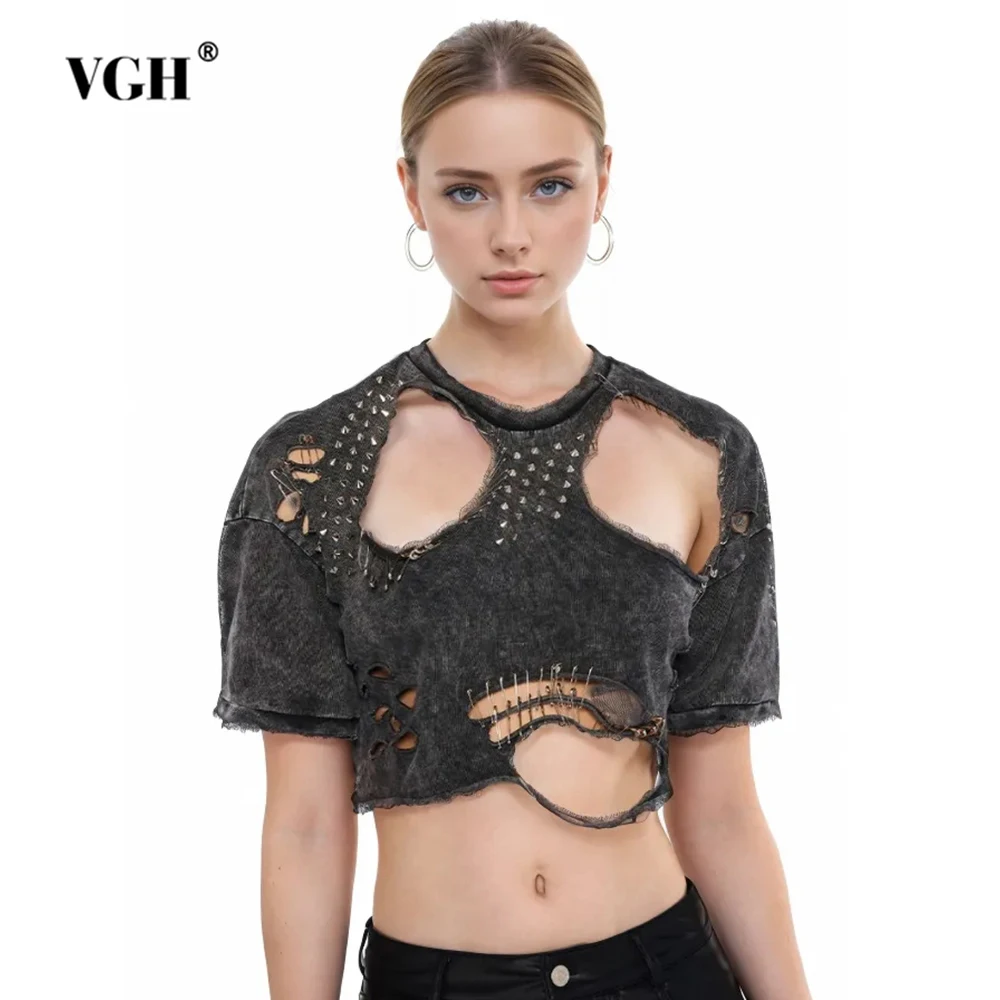 VGH Solid Patchwork Metal Hollow Out T Shirt For Women Round Neck Short Sleeve Streetwear Loose Shrot Tops Female Fashion New
VGH Solid Patchwork Metal Hollow Out T Shirt For Women Round Neck Short Sleeve Streetwear Loose Shrot Tops Female Fashion New