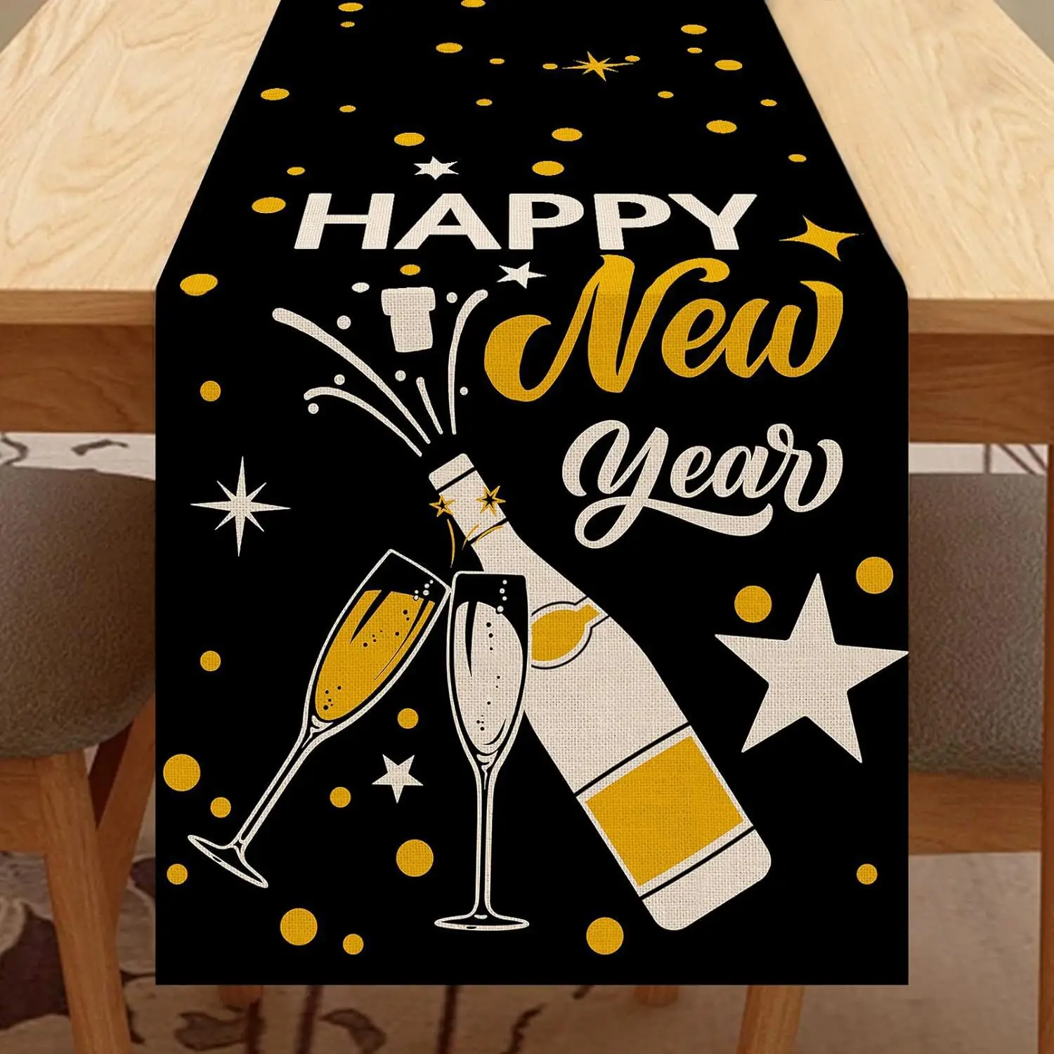 1pc Retro NYE Champagne Toast Table Runner Black Gold Star Print Happy New Year Festive Dinner Decor
1pc Retro NYE Champagne Toast Table Runner Black Gold Star Print Happy New Year Festive Dinner Decor