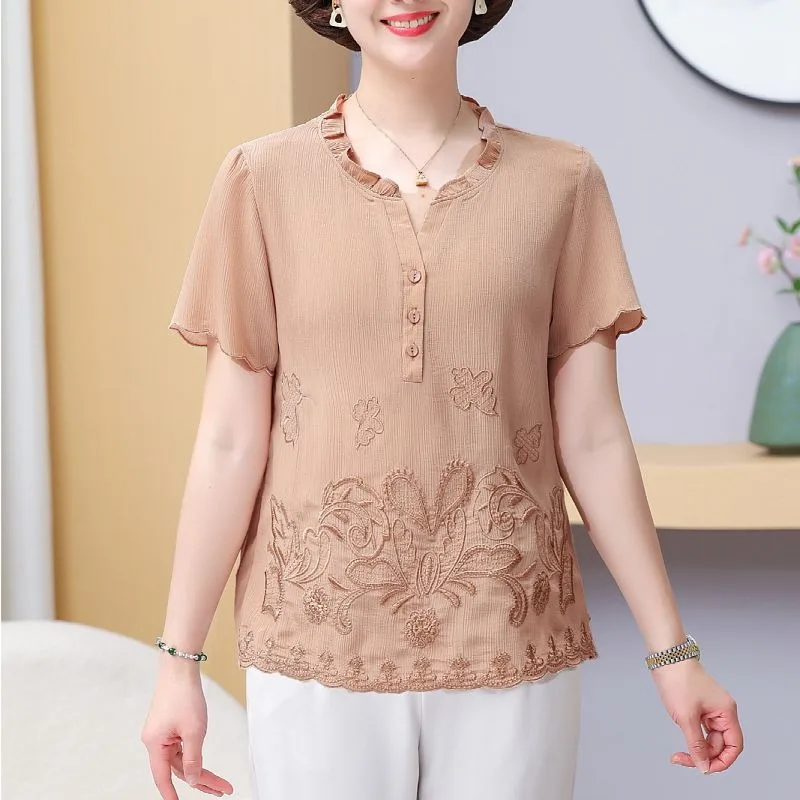 Women's Camel Brown Embroidered Blouse Short Sleeve Ruffled V Neck Loose Fit Casual Top
Women's Camel Brown Embroidered Blouse Short Sleeve Ruffled V Neck Loose Fit Casual Top
