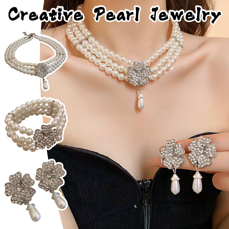 Rhinestone Pearl Jewelry for Women Multilayer Bead Crystal Bracelet Necklace Vintage Exquisite Zircon Earrings Prom Jewelry
Rhinestone Pearl Jewelry for Women Multilayer Bead Crystal Bracelet Necklace Vintage Exquisite Zircon Earrings Prom Jewelry