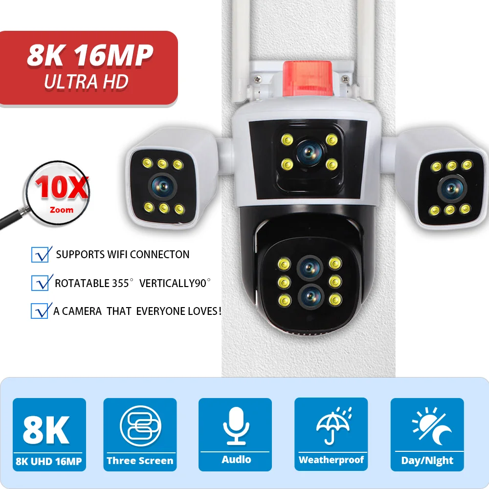 8K 16-мегапиксельная Wi-Fi IP-камера, уличная четыре объектива, три экрана, 10-кратный зум, защита безопасности, беспроводная камера наблюдения, видеонаблюдение
8K 16-мегапиксельная Wi-Fi IP-камера, уличная четыре объектива, три экрана, 10-кратный зум, защита безопасности, беспроводная камера наблюдения, видеонаблюдение