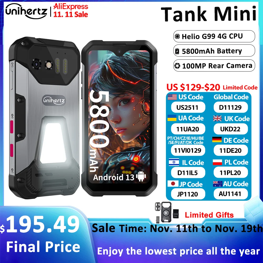 Unihertz 8849 Tank Mini Rugged Smartphone 4.3 Inch Display Android 13 5800mAh 24GB 256GB Helio G99 Octa Core 100MP Cameras IP68
Unihertz 8849 Tank Mini Rugged Smartphone 4.3 Inch Display Android 13 5800mAh 24GB 256GB Helio G99 Octa Core 100MP Cameras IP68