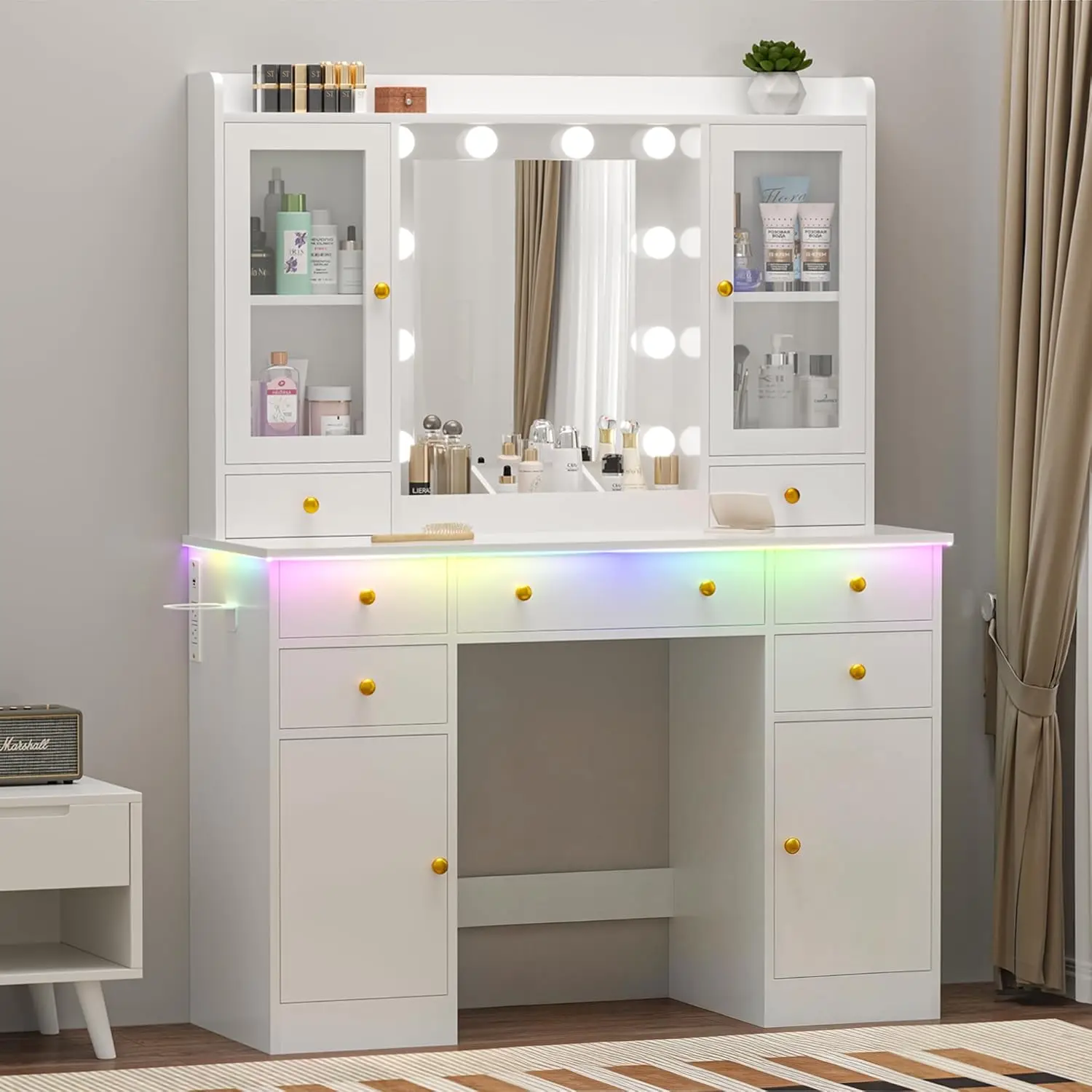 43' White Makeup Vanity with Mirror, 5 Drawers, LED Lights & Outlet, Dressing Table for Bedroom
43' White Makeup Vanity with Mirror, 5 Drawers, LED Lights & Outlet, Dressing Table for Bedroom