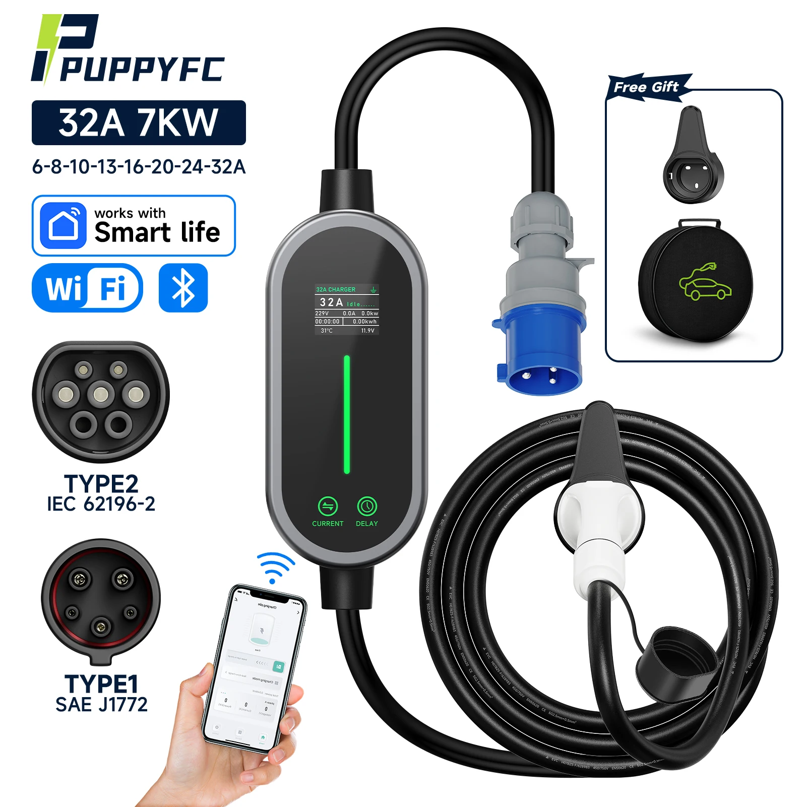Puppyfc 7KW Home EV Charger Portable Type2/Type1 Cable 32A with CEE Plug GBT Wi-Fi APP for Electric Car Tesla BYD Hyundai
Puppyfc 7KW Home EV Charger Portable Type2/Type1 Cable 32A with CEE Plug GBT Wi-Fi APP for Electric Car Tesla BYD Hyundai
