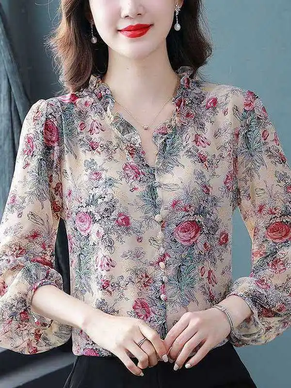 Spring Floral Chiffon irt Women's Long Sve Cleanfit Sle Poly Fabric A-Line Sve Thin Thin Non-Stretch Ladies' irt
Spring Floral Chiffon irt Women's Long Sve Cleanfit Sle Poly Fabric A-Line Sve Thin Thin Non-Stretch Ladies' irt