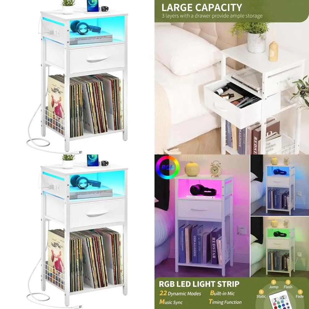 Трехуровневая белая прикроватная тумбочка для спальни с зарядной станцией, LED-подсветкой и отсеком для хранения винила
Трехуровневая белая прикроватная тумбочка для спальни с зарядной станцией, LED-подсветкой и отсеком для хранения винила