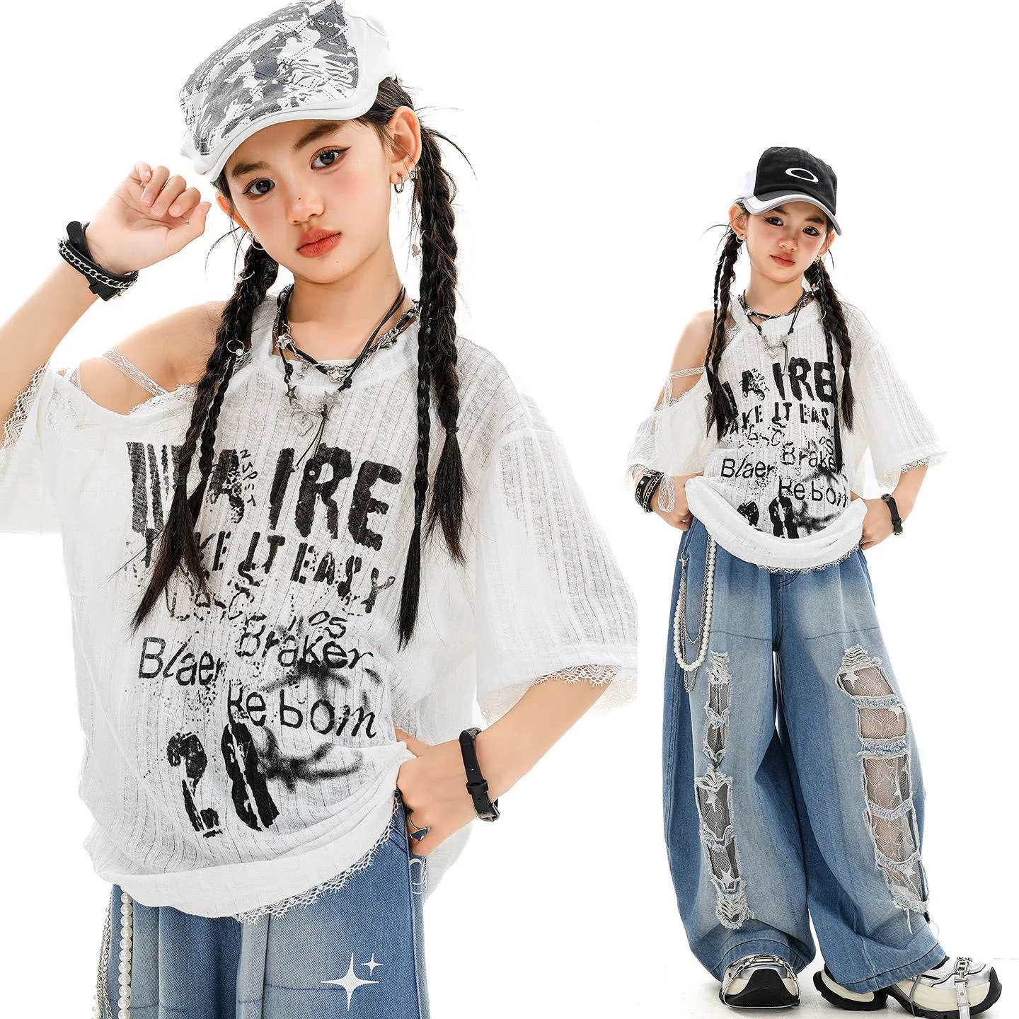 Kid Hip Hop Clothing White Off Shoulder T Shirt Denim Blue Casual Distressed Ripped Jeans Pants for Girl Dance Costumes Clothes
Kid Hip Hop Clothing White Off Shoulder T Shirt Denim Blue Casual Distressed Ripped Jeans Pants for Girl Dance Costumes Clothes