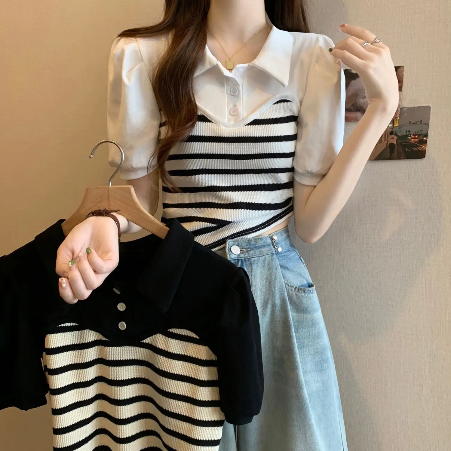 Slim Fit Striped Shirt Women's Summer New Design Knitted Top Small Audience Collar Short Sleeve Polyester Fiber
Slim Fit Striped Shirt Women's Summer New Design Knitted Top Small Audience Collar Short Sleeve Polyester Fiber
