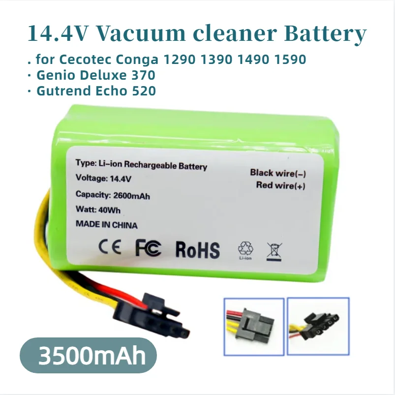 Аккумулятор 14.4V 3500mAh для пылесосов Cecotec Conga 1290, 1390, 1490, 1590, Genio Deluxe 370, Gutrend Echo 520 (замена)
Аккумулятор 14.4V 3500mAh для пылесосов Cecotec Conga 1290, 1390, 1490, 1590, Genio Deluxe 370, Gutrend Echo 520 (замена)