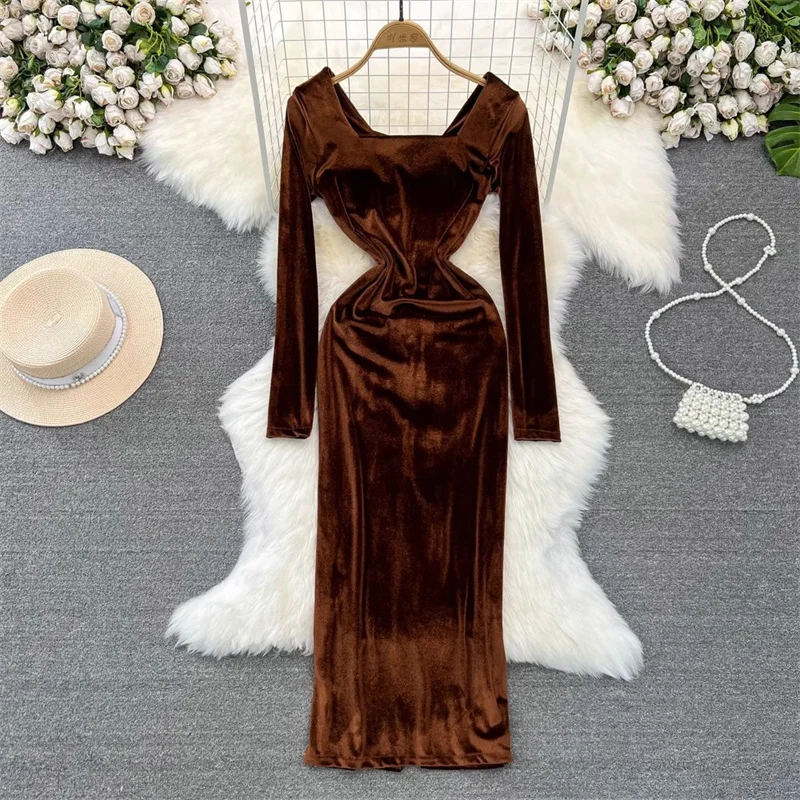 Autumn Winter Brown Evening Dress Celebrity Temperament Long Sleeved Square Neck Slim Mid Length Velvet Wrapped Hip Dress Z3838
Autumn Winter Brown Evening Dress Celebrity Temperament Long Sleeved Square Neck Slim Mid Length Velvet Wrapped Hip Dress Z3838