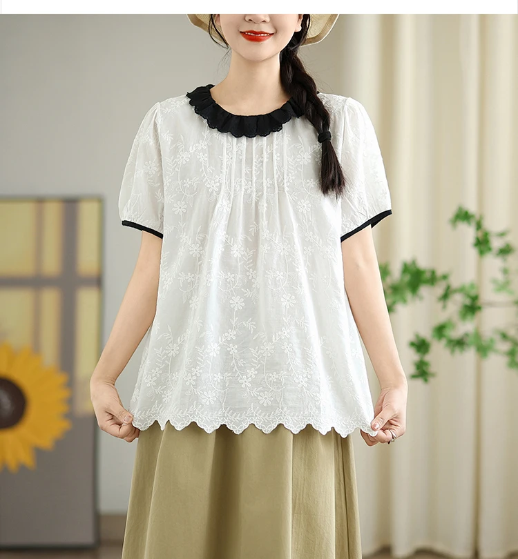 2025 Summer New Mori Girl Flower Embroidery 100% Cotton Shirts Women Japan Style O-Neck Short Sleeve Casual Loose Blouse Tops
2025 Summer New Mori Girl Flower Embroidery 100% Cotton Shirts Women Japan Style O-Neck Short Sleeve Casual Loose Blouse Tops