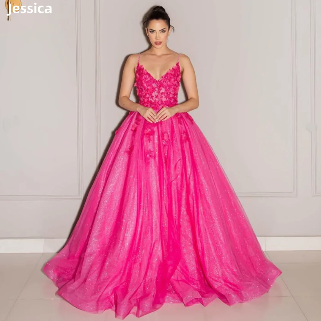 Jessica Sweetheart Hot Pink Evening Dresses 3D Floral Tulle Prom Dresses Princess Glitter Wedding Party Dress Customized 2025
Jessica Sweetheart Hot Pink Evening Dresses 3D Floral Tulle Prom Dresses Princess Glitter Wedding Party Dress Customized 2025