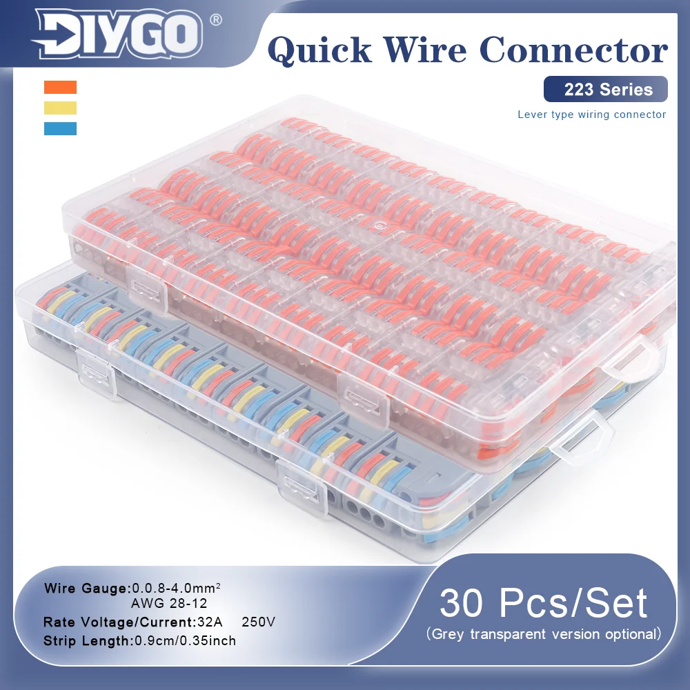 30Pcs/Set Boxed 223-Series 32A 250V Lever Quick Wire Connector Electrical Terminal Block for 0.08-4.0mm² 28-12AWG Cable Splice
30Pcs/Set Boxed 223-Series 32A 250V Lever Quick Wire Connector Electrical Terminal Block for 0.08-4.0mm² 28-12AWG Cable Splice