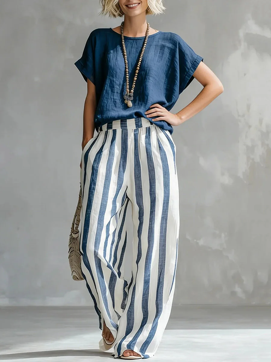 2026 Women Plus Size Two Piece Set Solid Round Neck Tee High Waist Striped Wide Leg Pants Casual Outfits Women's Matching Sets
2026 Women Plus Size Two Piece Set Solid Round Neck Tee High Waist Striped Wide Leg Pants Casual Outfits Women's Matching Sets