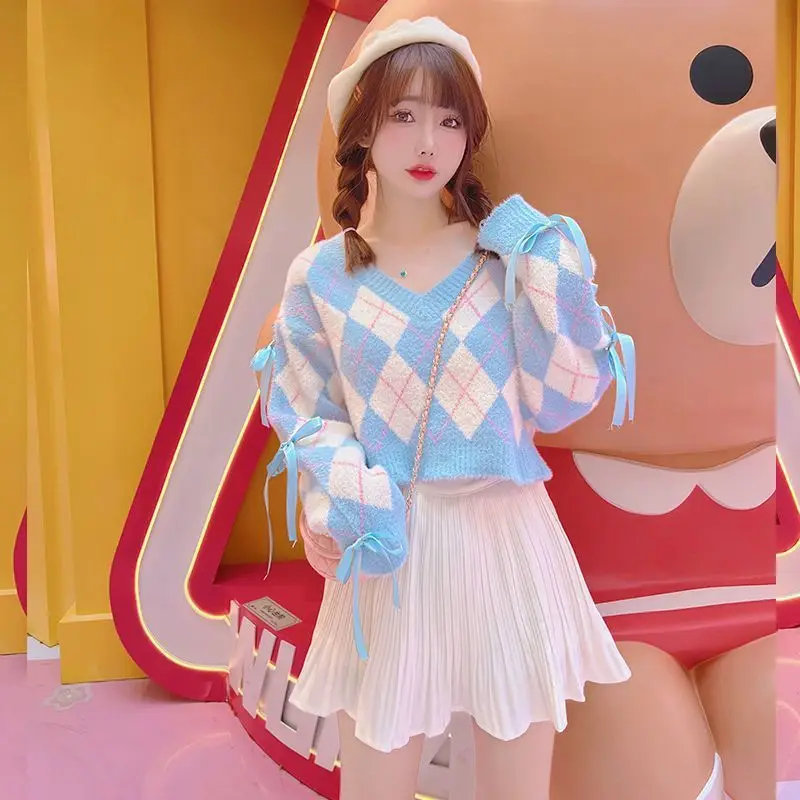 Y2k Vintage Sweet Blue White Plaid Sweaters Autumn Winter V-neck Knitted Pullover 2025 New Loose Long Sleeve Top for Women
Y2k Vintage Sweet Blue White Plaid Sweaters Autumn Winter V-neck Knitted Pullover 2025 New Loose Long Sleeve Top for Women