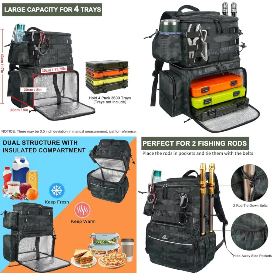 Fishing Backpack, Water Resistant Tackle Storage Bag with Rod Holders and Cooler, Fishing Gifts for Men
Fishing Backpack, Water Resistant Tackle Storage Bag with Rod Holders and Cooler, Fishing Gifts for Men