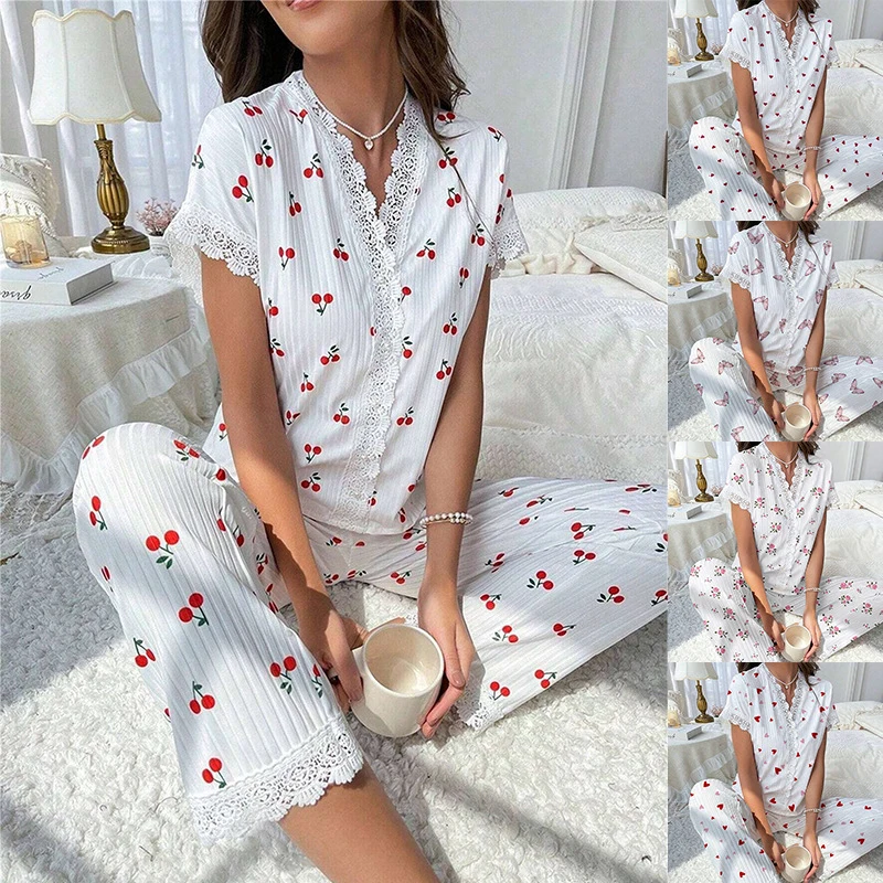 Lace Trim 2 Pieces Sleepwear Nightwear Homewear Women Pajama Set Short Sleeve Front Button Top & Full-Length Pants Cherry Print
Lace Trim 2 Pieces Sleepwear Nightwear Homewear Women Pajama Set Short Sleeve Front Button Top & Full-Length Pants Cherry Print