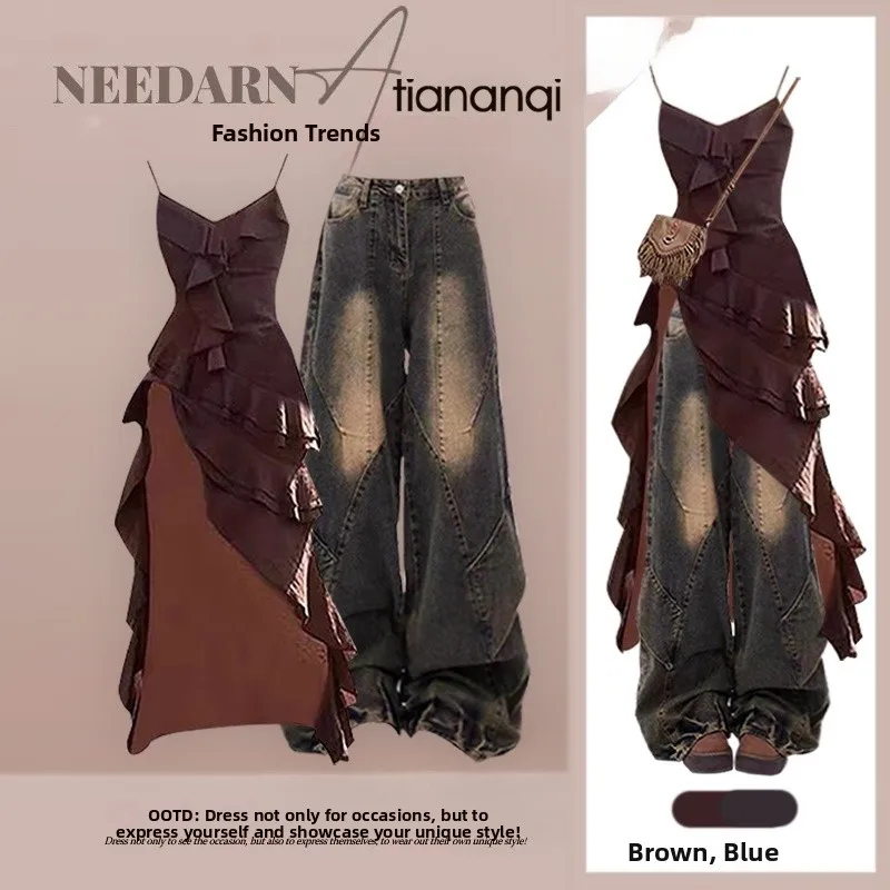 Summer Vintage Women's Set High Waist Retro Denim Skirt Matching Strapl Dr Ele Slit Design Faionable Ensemble
Summer Vintage Women's Set High Waist Retro Denim Skirt Matching Strapl Dr Ele Slit Design Faionable Ensemble
