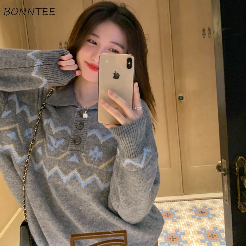 Pullovers Women Knitted Turn-down Collar Lazy Style All-match Printed Vintage Korean Fashion Autumn Classic Ins Knitwear Trendy
Pullovers Women Knitted Turn-down Collar Lazy Style All-match Printed Vintage Korean Fashion Autumn Classic Ins Knitwear Trendy