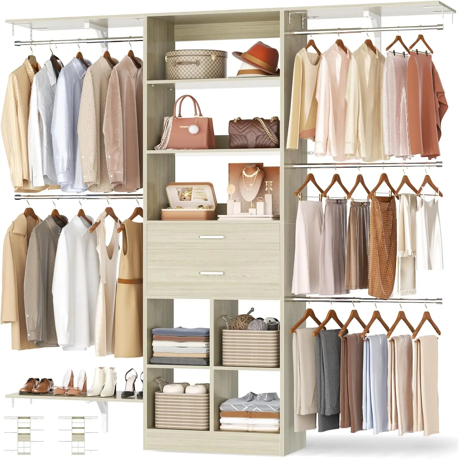 Walk In Closet Organizer System With Wooden Drawers Hanging Rods Reversible Shelving Fit Adjustable Space
Walk In Closet Organizer System With Wooden Drawers Hanging Rods Reversible Shelving Fit Adjustable Space